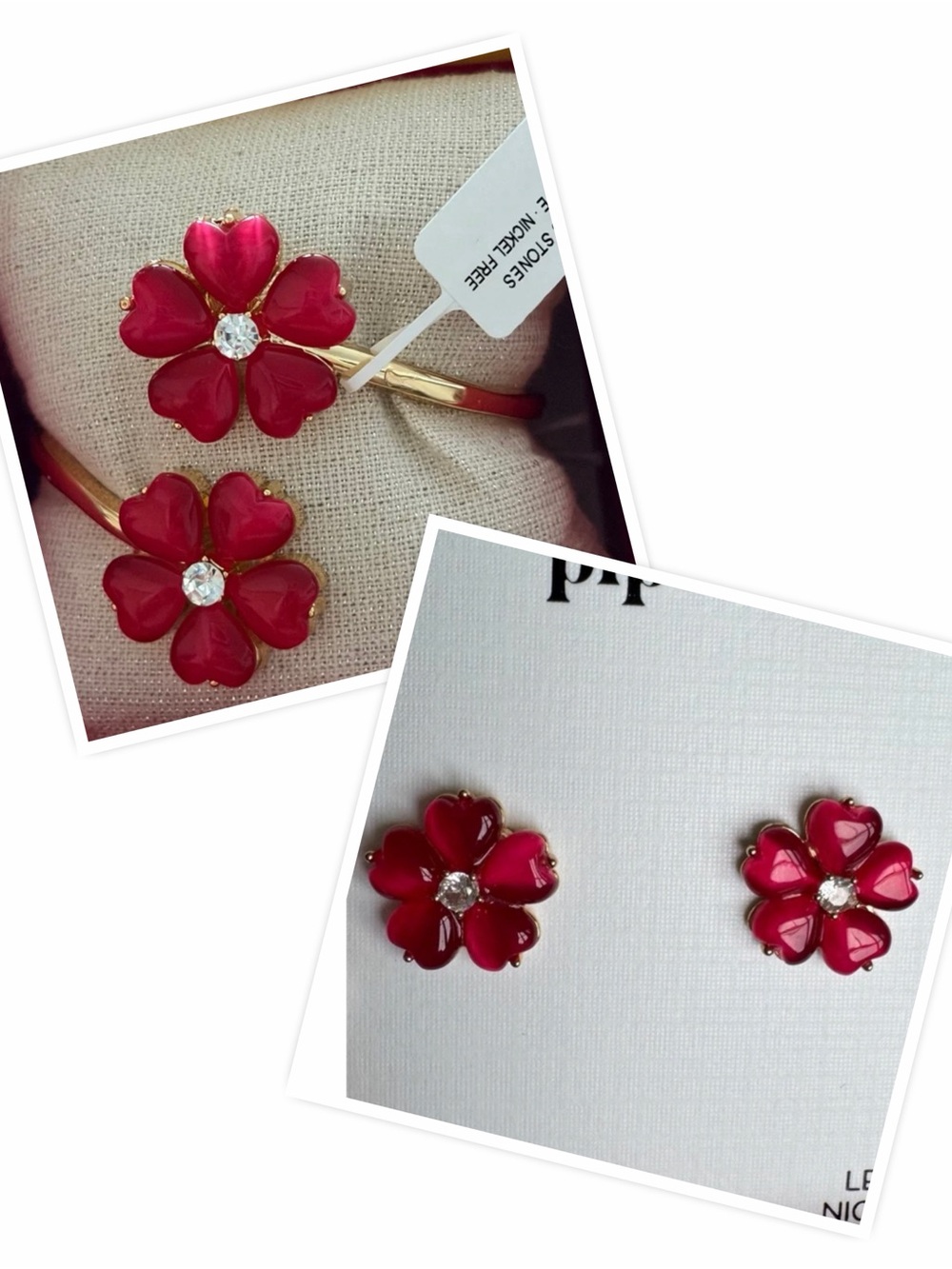Piper K Red Heart-Petal Flowers Bracelet with Matching Earrings